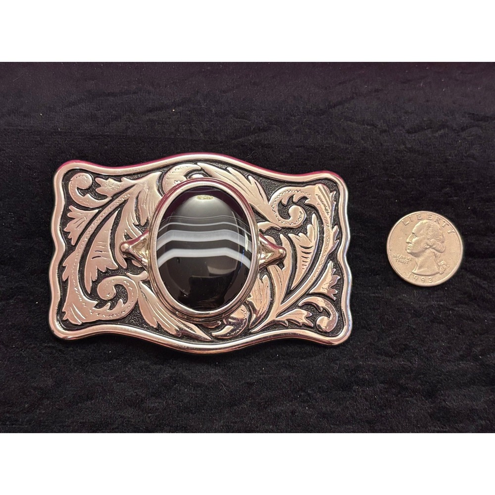 Western Floral Engraved Belt Buckle Silvertone Black White Banded Agate Stone